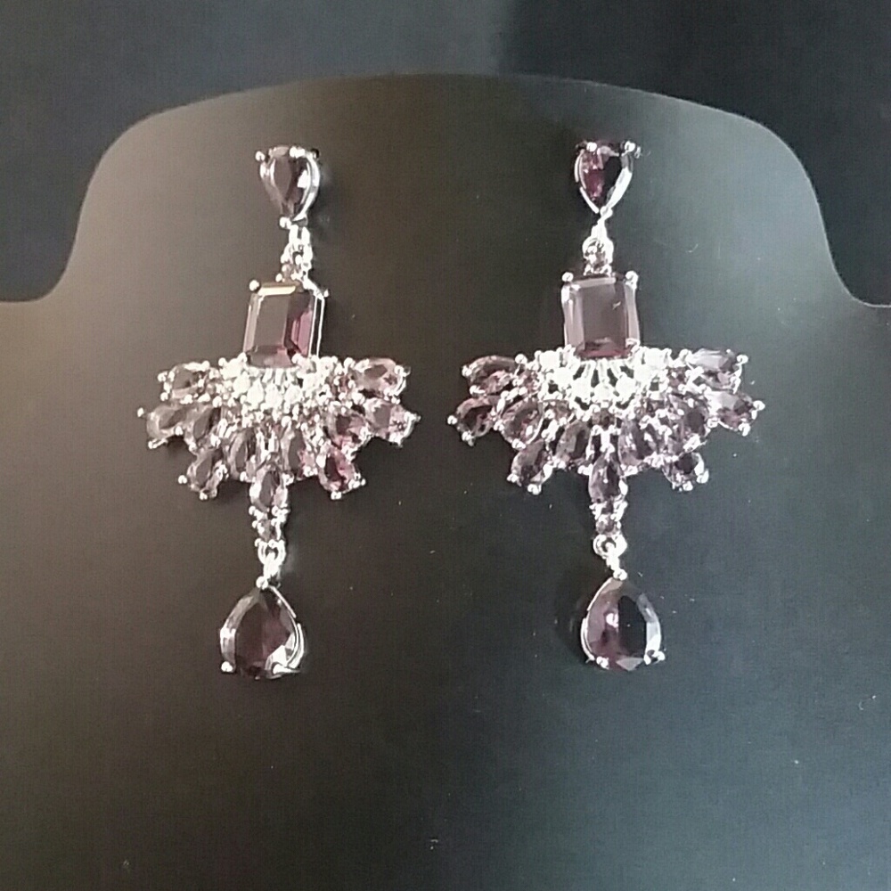 Amethyst Earrings Silver CZ Chandelier Dangle 2.5"